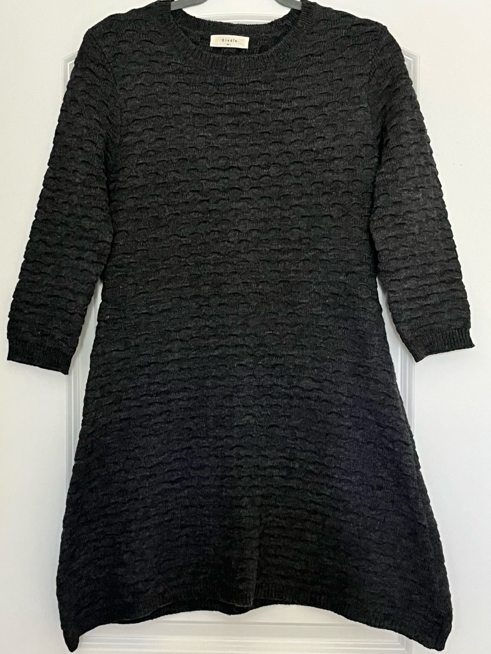 Elodie Fit And Flare Textured Midi Sweater Dress Charcoal Gray 3/4 Sleeves Sz L